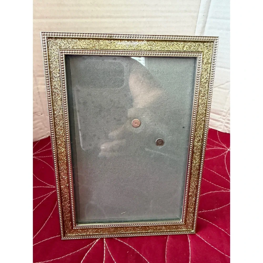 Gold Glitter Beaded Border Picture Frame 5x7 Tabletop Display Silver Trim
